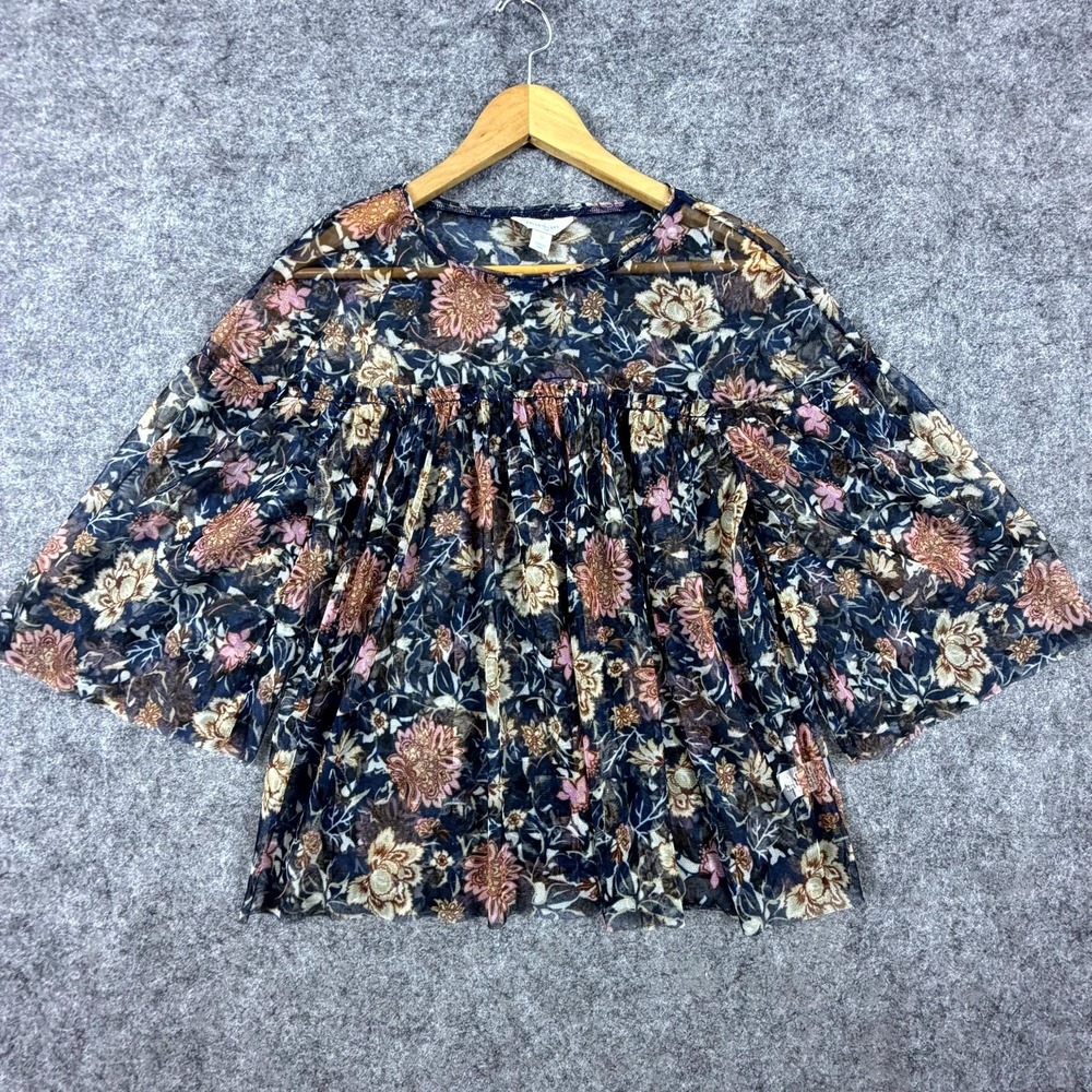 Belle Sky Sheer Blouse Top Womens Small Dark Romantic Floral Flowy Babydoll